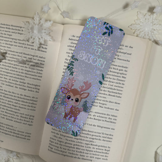 Weihnachtliches Lesezeichen “Let It Snow” mit Reh – Glitzerdesign auf zartem pastellfarbenem Hintergrund