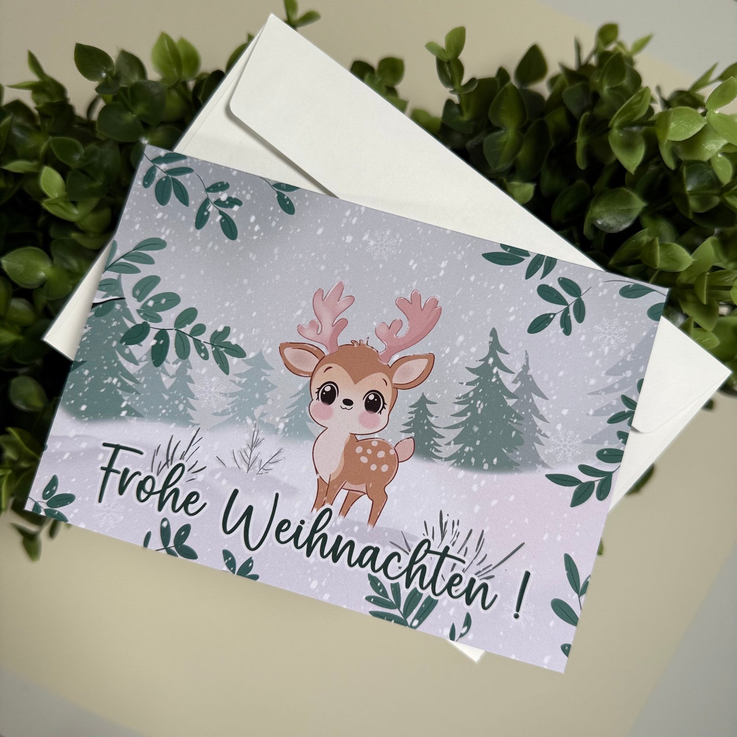 Süße Weihnachtskarte mit Rentier – Frohe Weihnachten – Handgemachte Postkarte, Winterdesign