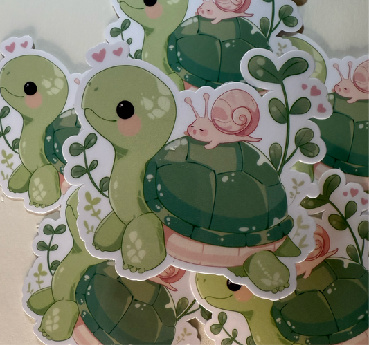 Niedlicher Schildkröten- und Schnecken-Sticker | Süßes Pflanzen-Thema | Procreate Design Sticker | Wasserdichter Vinyl Sticker | Tierfreund Sticker für Laptop & Notizbuch
