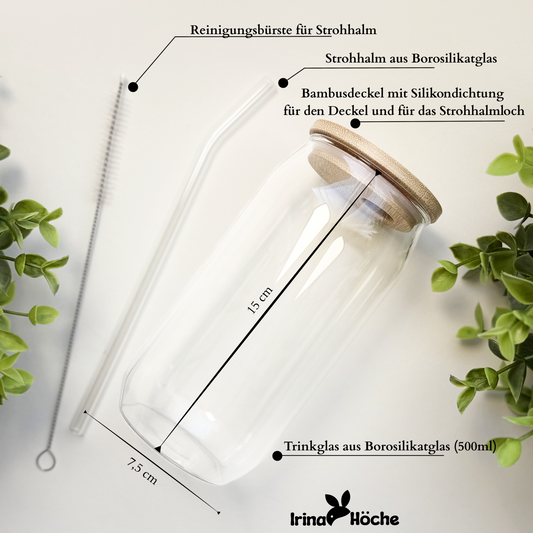 Trinkglas Rohling (473ml) mit Bambusdeckel & Glasstrohhalm - DIY Glas zum Gestalten