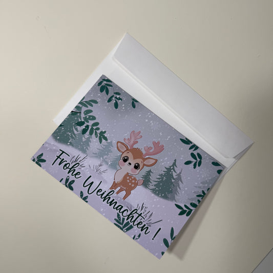 Süße Weihnachtskarte mit Rentier – Frohe Weihnachten – Handgemachte Postkarte, Winterdesign
