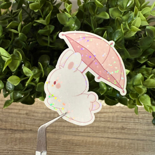 Niedlicher Hase Sticker mit Regenschirm | Holografischer Glitzersticker | Kawaii Bunny Aufkleber für Bullet Journal, Laptop