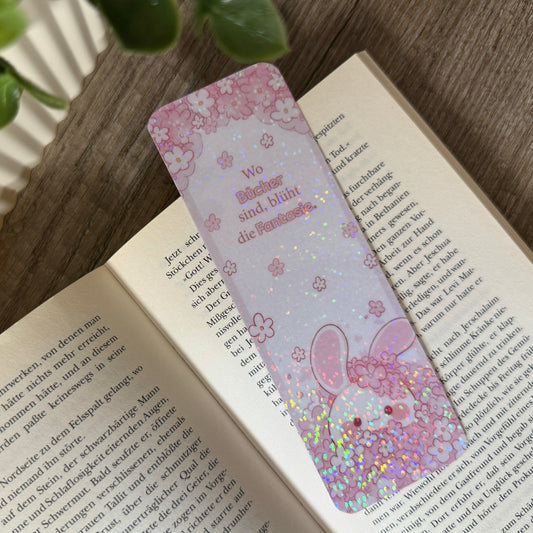 Holografisches Lesezeichen mit Häschen & Kirschblüten | – Geschenk für Buchliebhaber
