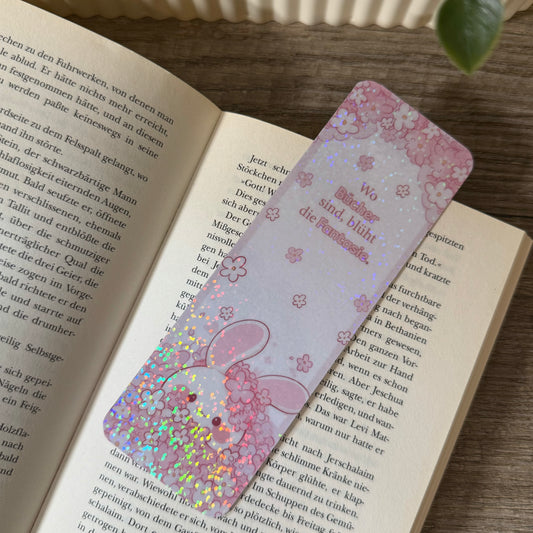Holografisches Lesezeichen mit Häschen & Kirschblüten | – Geschenk für Buchliebhaber