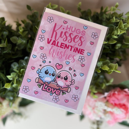 Love birds "Hugs & Kisses" Valentine’s Day Greeting Card – Liebevolle Karte mit süßen Vögeln und Herzen