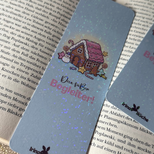 Holografisches Lesezeichen mit Lebkuchenhaus | Laminiertes Glitzer Lesezeichen | Süßes Winter & Weihnachts Bookmark | Handmade