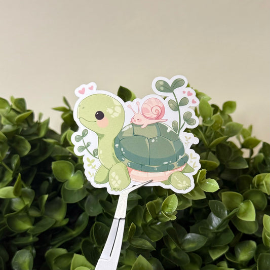 Niedlicher Schildkröten- und Schnecken-Sticker | Süßes Pflanzen-Thema | Procreate Design Sticker | Wasserdichter Vinyl Sticker | Tierfreund Sticker für Laptop & Notizbuch