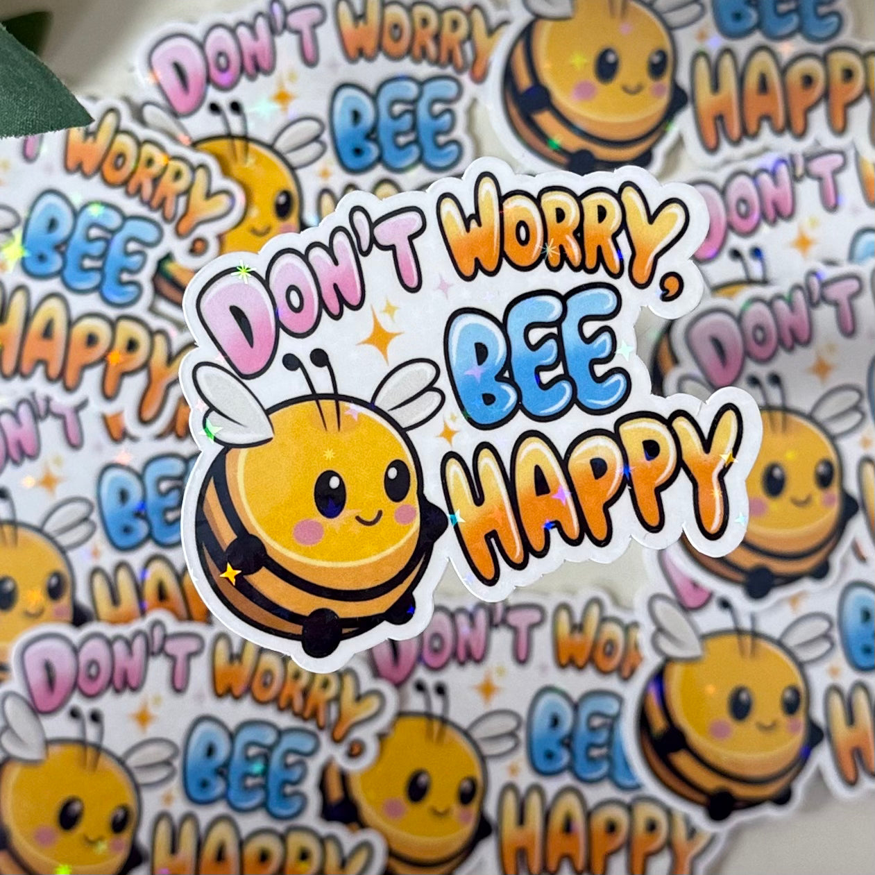 Bienen Sticker - "Don't Worry, Bee Happy" | Lustiger Kawaii Motivationssticker | Wasserdicht & Hochwertig