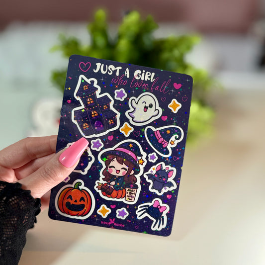 Halloween Sticker Sheet – Kawaii Aufkleber Set, holografisch laminiert und wasserfest, spooky Deko für Journal & Trinkflasche