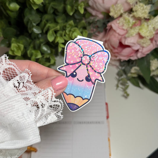 Magnetisches Kawaii Lesezeichen - süße Bleistift mit Schleife - Holografisch laminiert, kawaii Design für Bücher & Planer