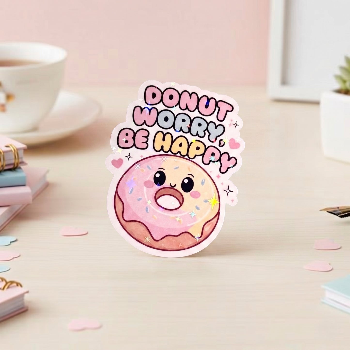 Kawaii Donut Die-Cut Vinyl Sticker mit holografischem Schimmer-Effekt, rosa Glasur und Streuseln, Spruch Donut Worry Be Happy, glänzend laminiert, ca. 5×6,4 cm