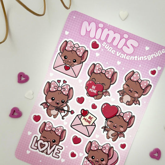 Sticker Sheet Mimis Süße Valentinsgrüße | Die Kawaii Fledermaus Mimi als Aufkleber für Planer, Journal, Geschenke | Be Mine Love Deko