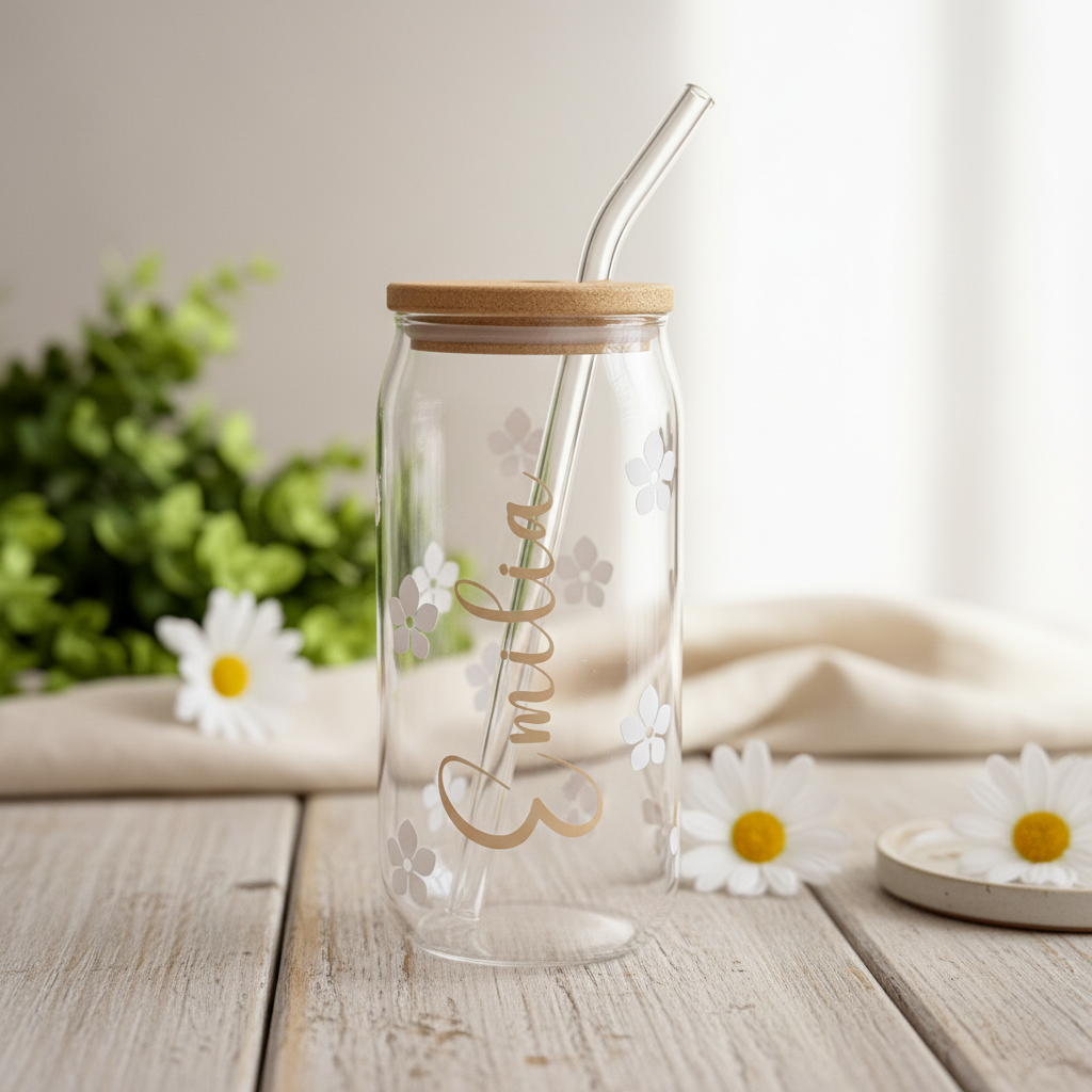 Personalisierte Glas mit Bambusdeckel – Blumenmuster & Name in Handlettering – Individuelles Trinkglas, Geschenkidee für Freunde und Familie