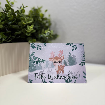 Süße Weihnachtskarte mit Rentier – Frohe Weihnachten – Handgemachte Postkarte, Winterdesign