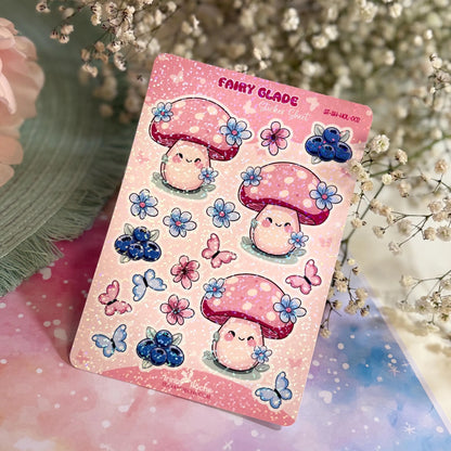 Fairy Glade Sticker Sheet – Kawaii Pilze, Blumen & Schmetterlinge – Holografisch – Für Journaling, Flaschen, Laptops