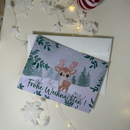 Süße Weihnachtskarte mit Rentier – Frohe Weihnachten – Handgemachte Postkarte, Winterdesign
