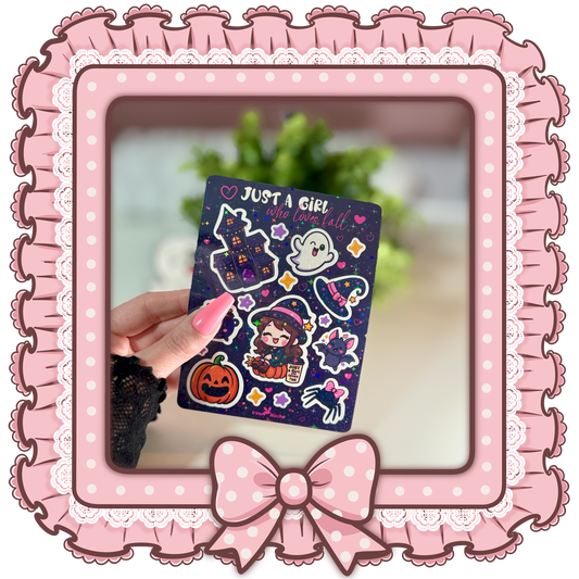Halloween Sticker Sheet – Kawaii Aufkleber Set, holografisch laminiert und wasserfest, spooky Deko für Journal & Trinkflasche