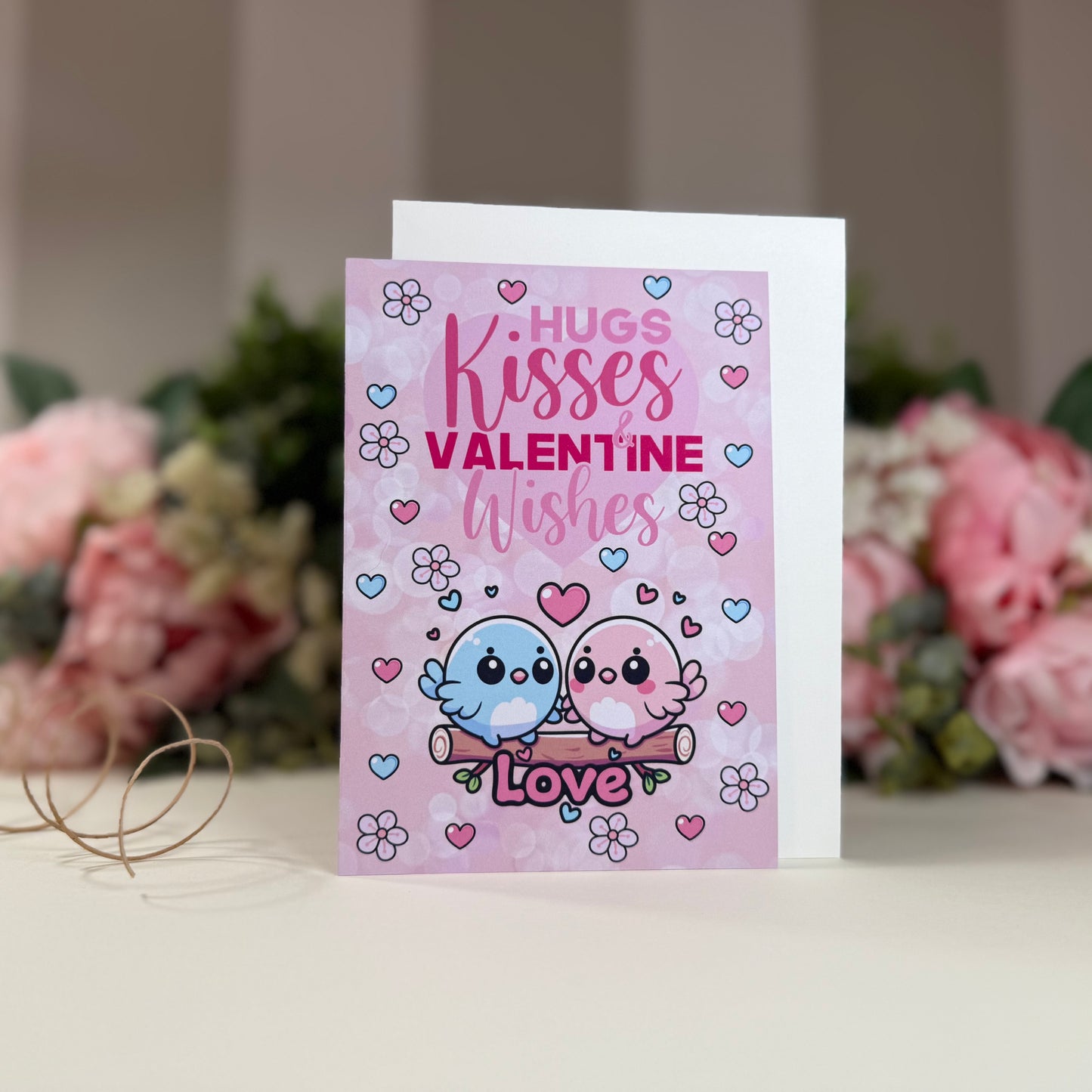 Love birds "Hugs & Kisses" Valentine’s Day Greeting Card – Liebevolle Karte mit süßen Vögeln und Herzen