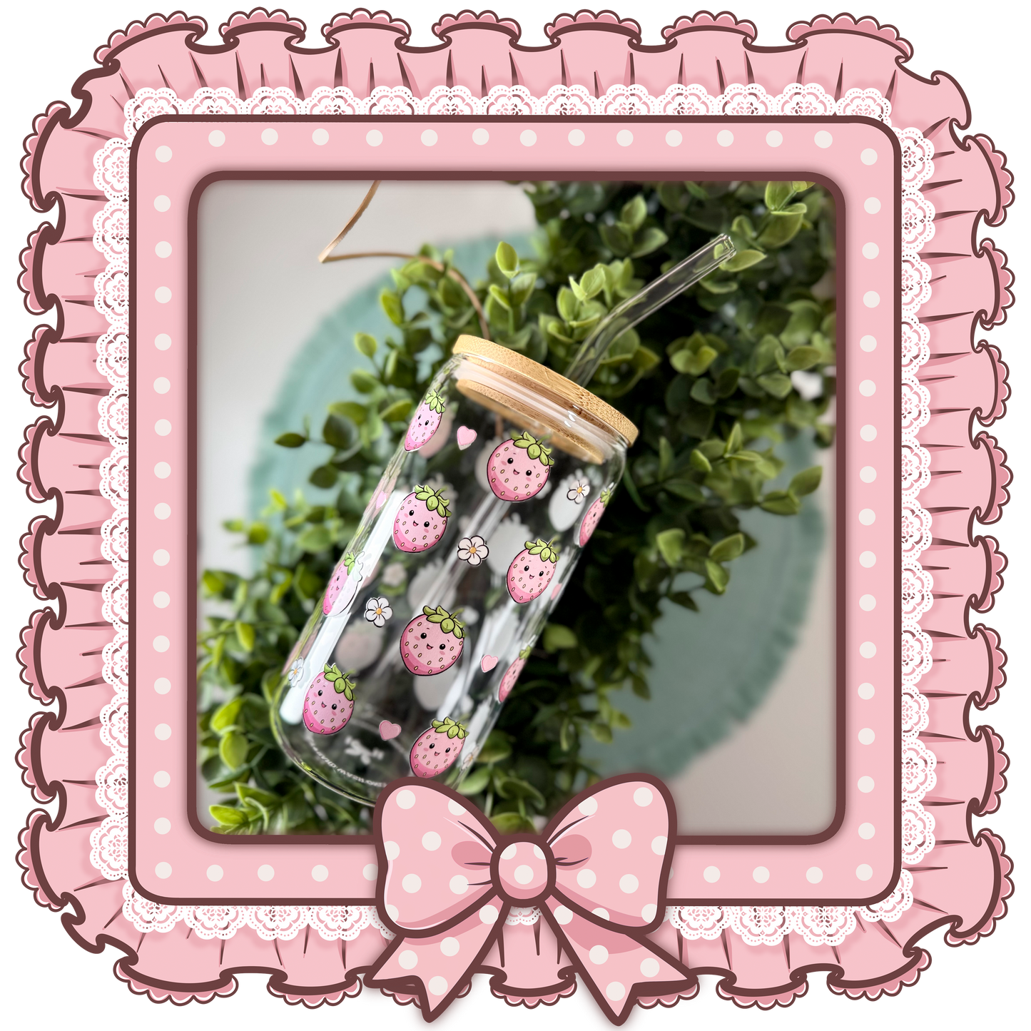 Kawaii Erdbeer-Trinkglas mit Bambusdeckel & Strohhalm – 500ml(16 OZ)