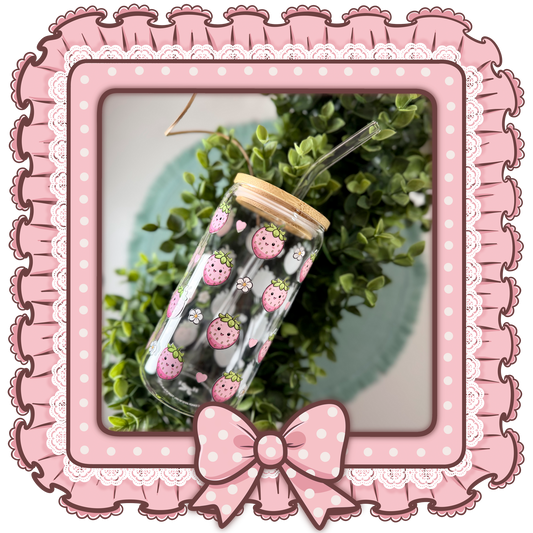 Kawaii Erdbeer-Trinkglas mit Bambusdeckel & Strohhalm – 500ml(16 OZ)