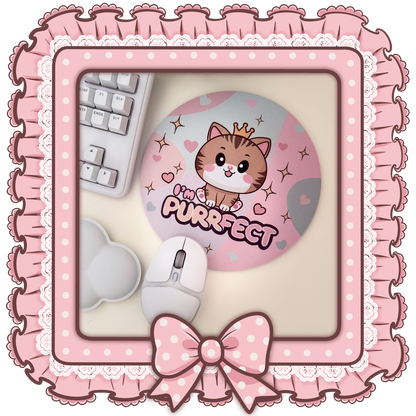 Rundes Kawaii Mauspad mit süßer Katze & „I’m Purrfect“-Spruch – Perfekt für Büro, Gaming & als Geschenk