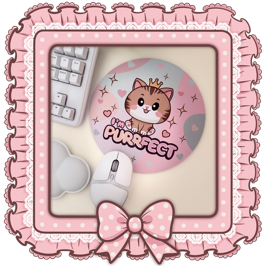 Rundes Kawaii Mauspad mit süßer Katze & „I’m Purrfect“-Spruch – Perfekt für Büro, Gaming & als Geschenk