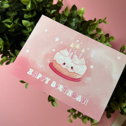 Süße Geburtstagskarte “Happy Birthday” mit Kuchen-Motiv – Rosa Design
