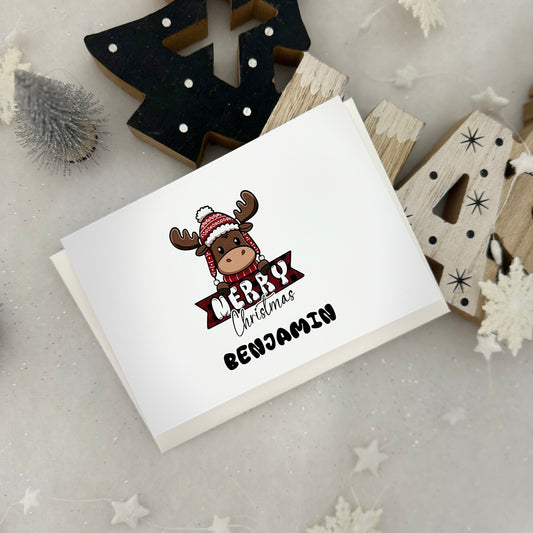 Personalisierte Weihnachtskarte mit süßem Elch – Handgemacht, DIN A6, Inkl. Umschlag & Name nach Wahl