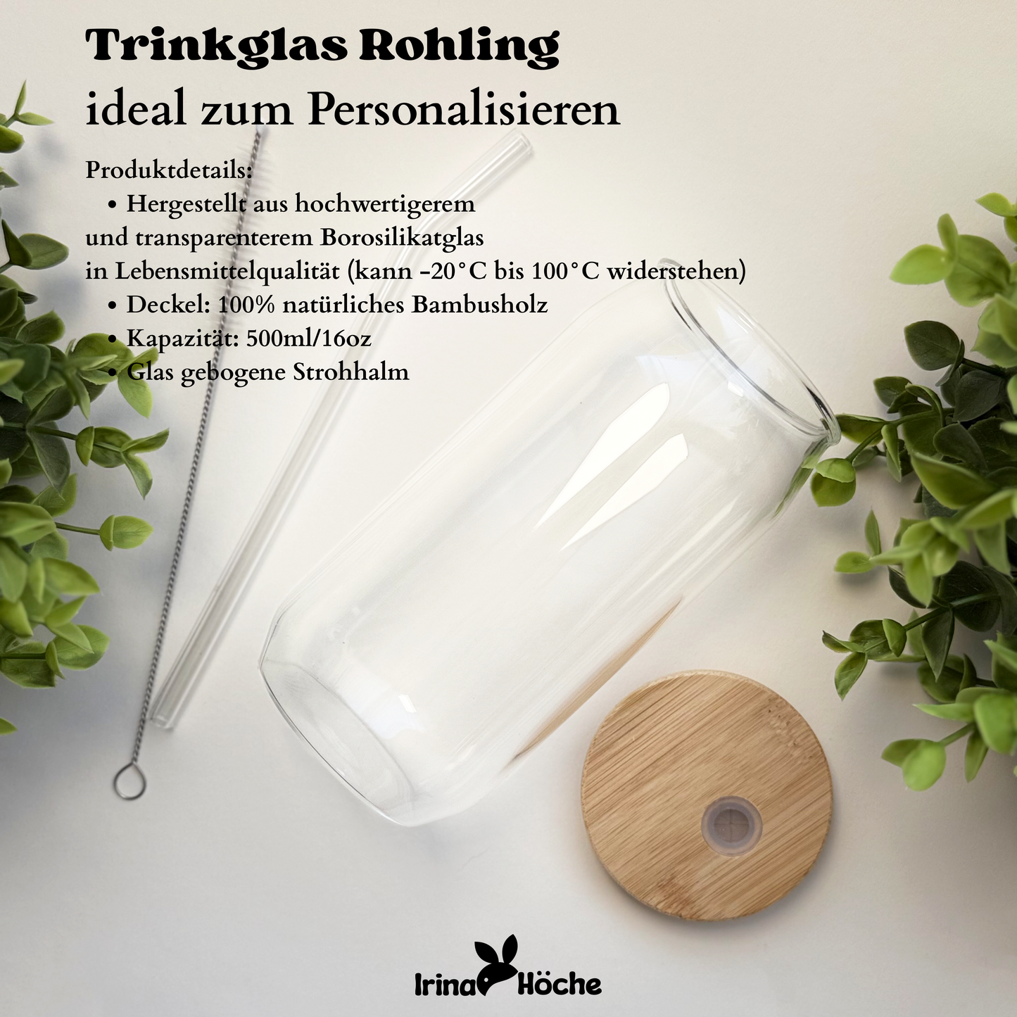 Trinkglas Rohling (473ml) mit Bambusdeckel & Glasstrohhalm - DIY Glas zum Gestalten