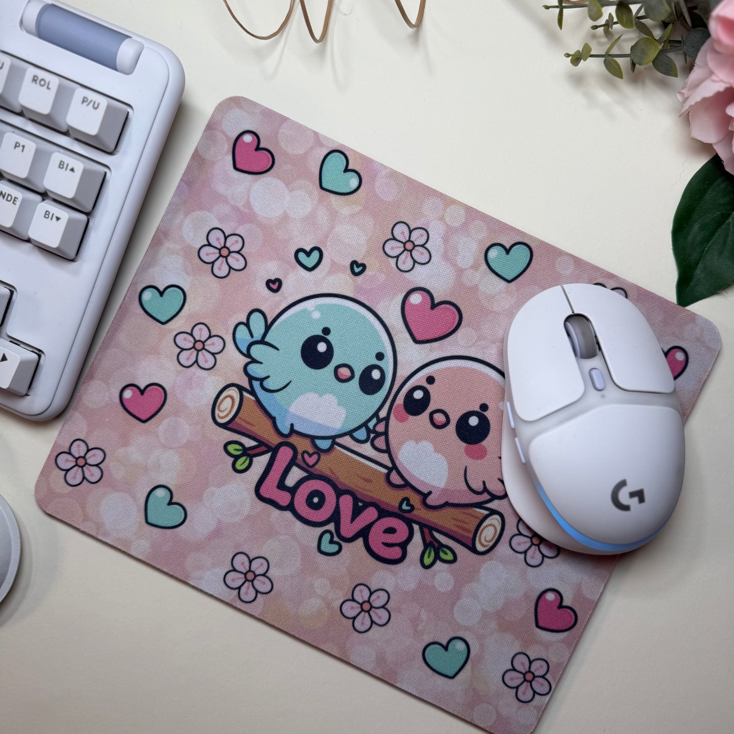 Kawaii Mauspad Rosa – Süßes Love Birds Design | Rutschfest & Weich