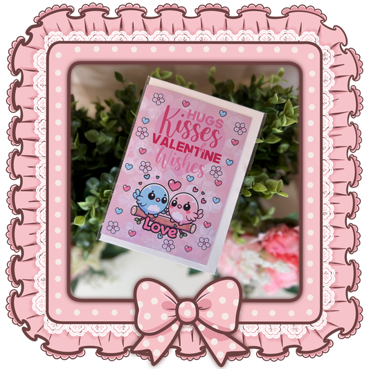 Love birds "Hugs & Kisses" Valentine’s Day Greeting Card – Liebevolle Karte mit süßen Vögeln und Herzen