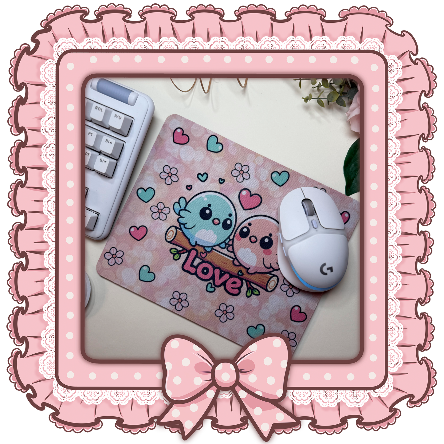 Kawaii Mauspad Rosa – Süßes Love Birds Design | Rutschfest & Weich