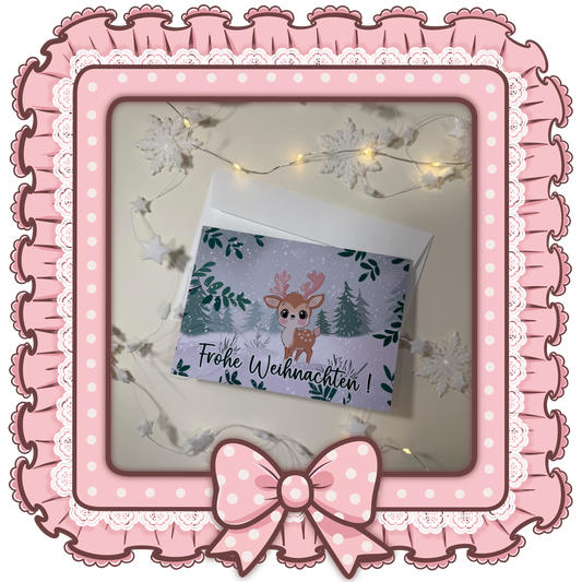Süße Weihnachtskarte mit Rentier – Frohe Weihnachten – Handgemachte Postkarte, Winterdesign