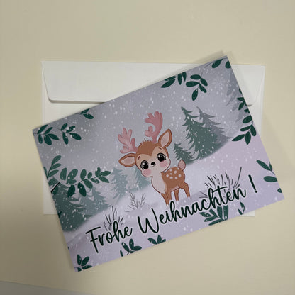 Süße Weihnachtskarte mit Rentier – Frohe Weihnachten – Handgemachte Postkarte, Winterdesign