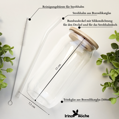Trinkglas Rohling (473ml) mit Bambusdeckel & Glasstrohhalm - DIY Glas zum Gestalten