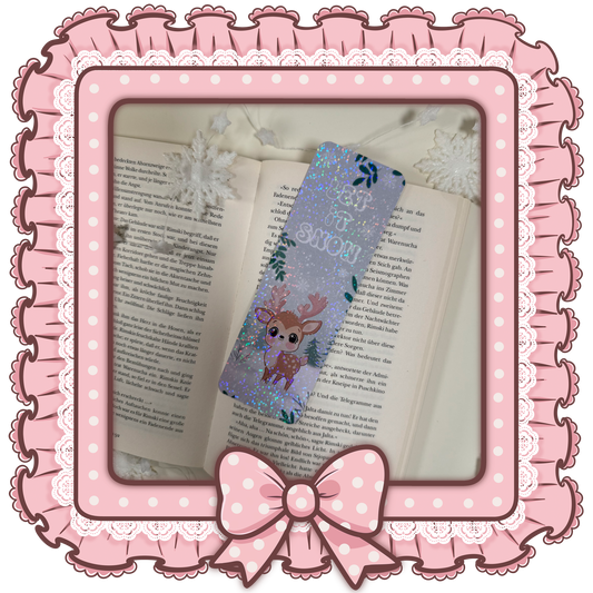 Weihnachtliches Lesezeichen “Let It Snow” mit Reh – Glitzerdesign auf zartem pastellfarbenem Hintergrund