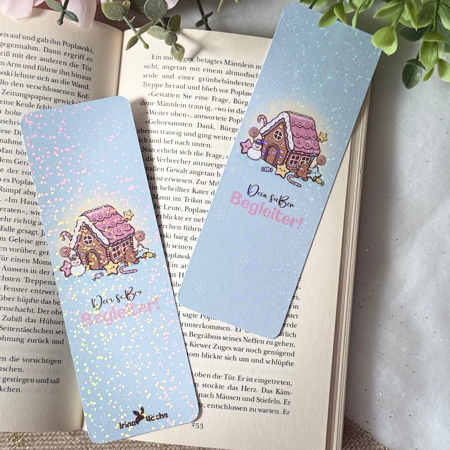 Holografisches Lesezeichen mit Lebkuchenhaus | Laminiertes Glitzer Lesezeichen | Süßes Winter & Weihnachts Bookmark | Handmade
