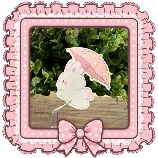 Niedlicher Hase Sticker mit Regenschirm | Holografischer Glitzersticker | Kawaii Bunny Aufkleber für Bullet Journal, Laptop