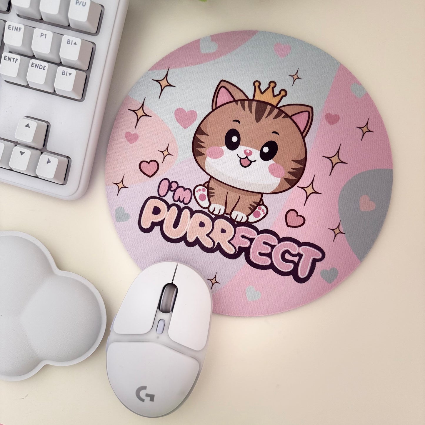 Rundes Kawaii Mauspad mit süßer Katze & „I’m Purrfect“-Spruch – Perfekt für Büro, Gaming & als Geschenk