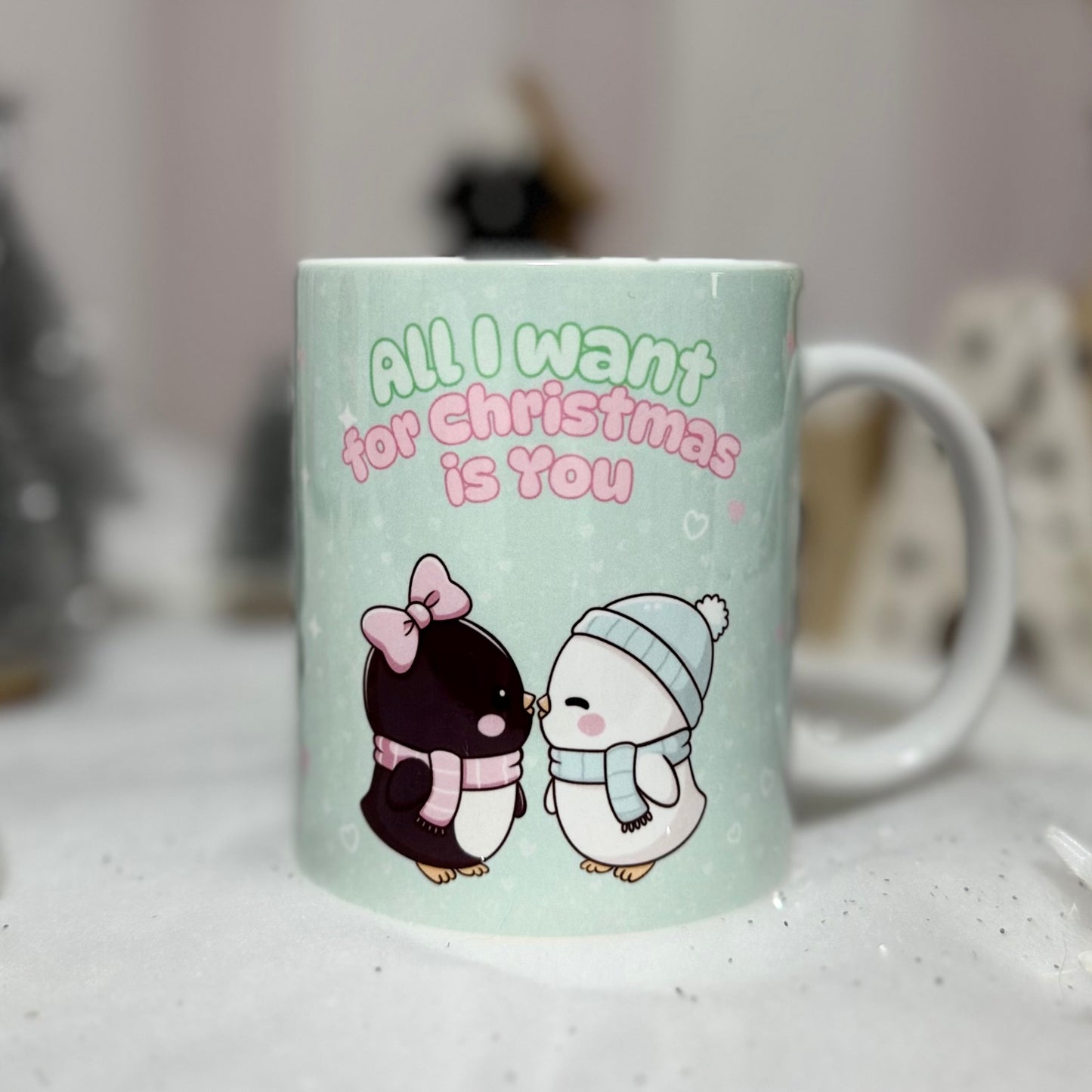 Pinguin Weihnachtstasse | "All I Want for Christmas is You" Becher | Weihnachtsgeschenk für Ihn/Sie | Süße Pinguin Tasse