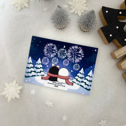 Süße handgemachte Weihnachtskarte mit Pinguin-Pärchen und Feuerwerk – Inkl. Umschlag, DIN A6
