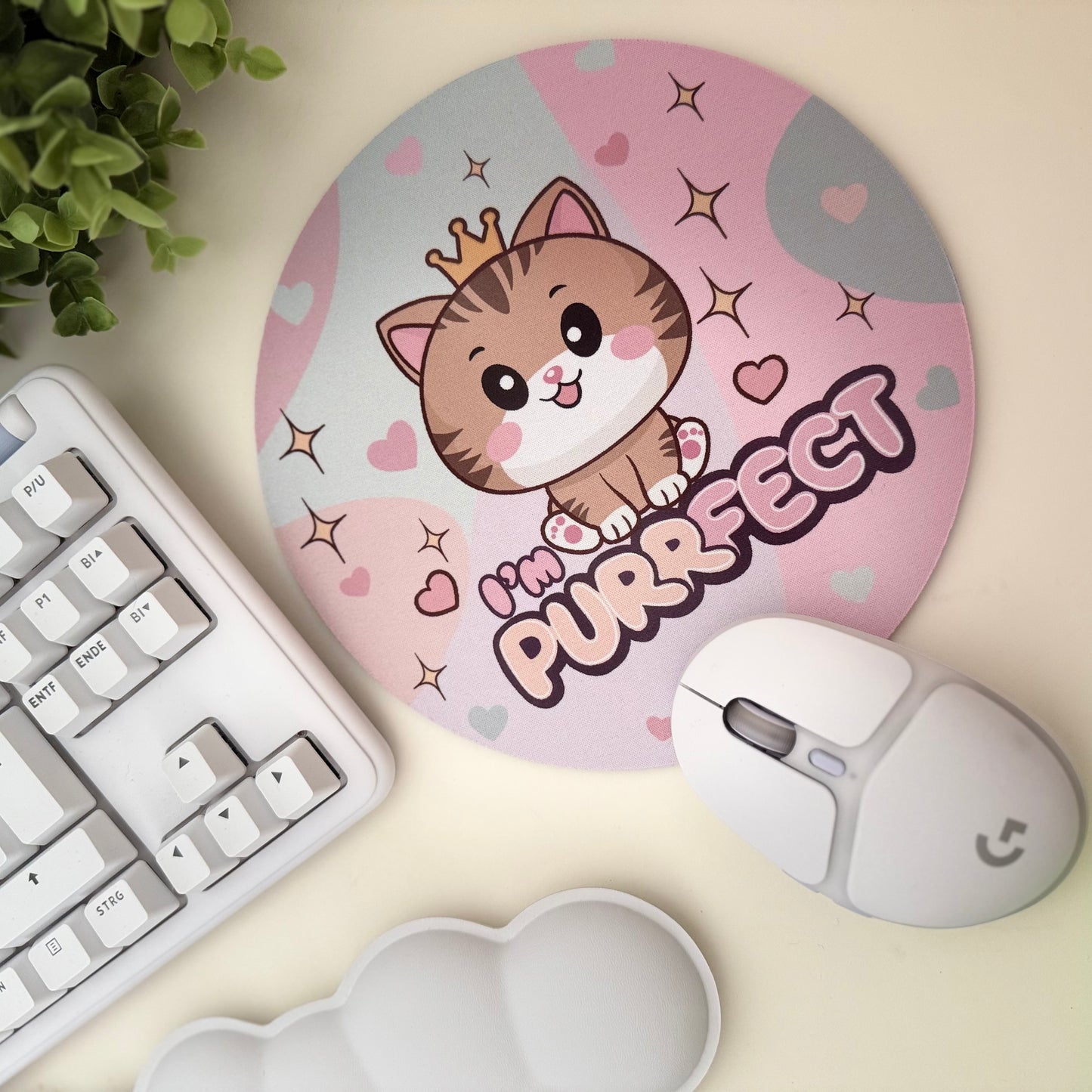 Rundes Kawaii Mauspad mit süßer Katze & „I’m Purrfect“-Spruch – Perfekt für Büro, Gaming & als Geschenk