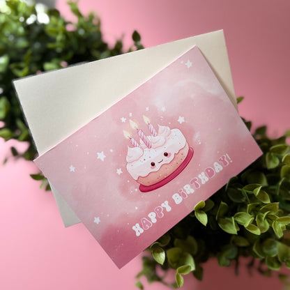 Süße Geburtstagskarte “Happy Birthday” mit Kuchen-Motiv – Rosa Design