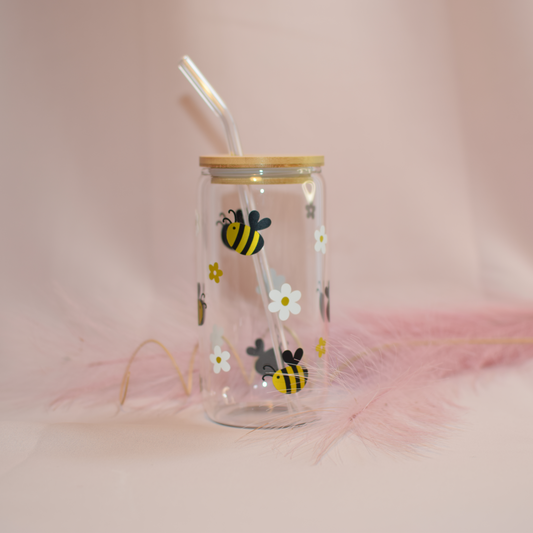 Bienen und Blumen Trinkglas mit Bambusdeckel und Strohhalm
