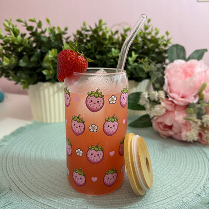 Kawaii Erdbeer-Trinkglas mit Bambusdeckel & Strohhalm – 500ml(16 OZ)
