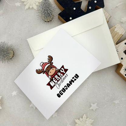 Personalisierte Weihnachtskarte mit süßem Elch – Handgemacht, DIN A6, Inkl. Umschlag & Name nach Wahl