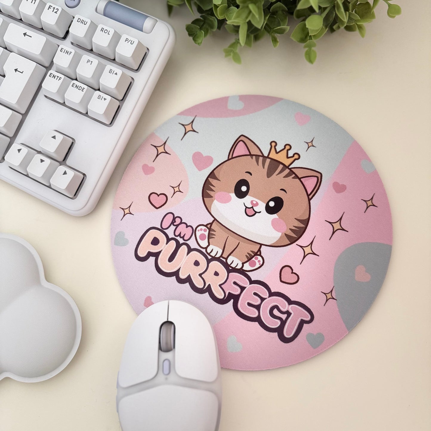 Rundes Kawaii Mauspad mit süßer Katze & „I’m Purrfect“-Spruch – Perfekt für Büro, Gaming & als Geschenk