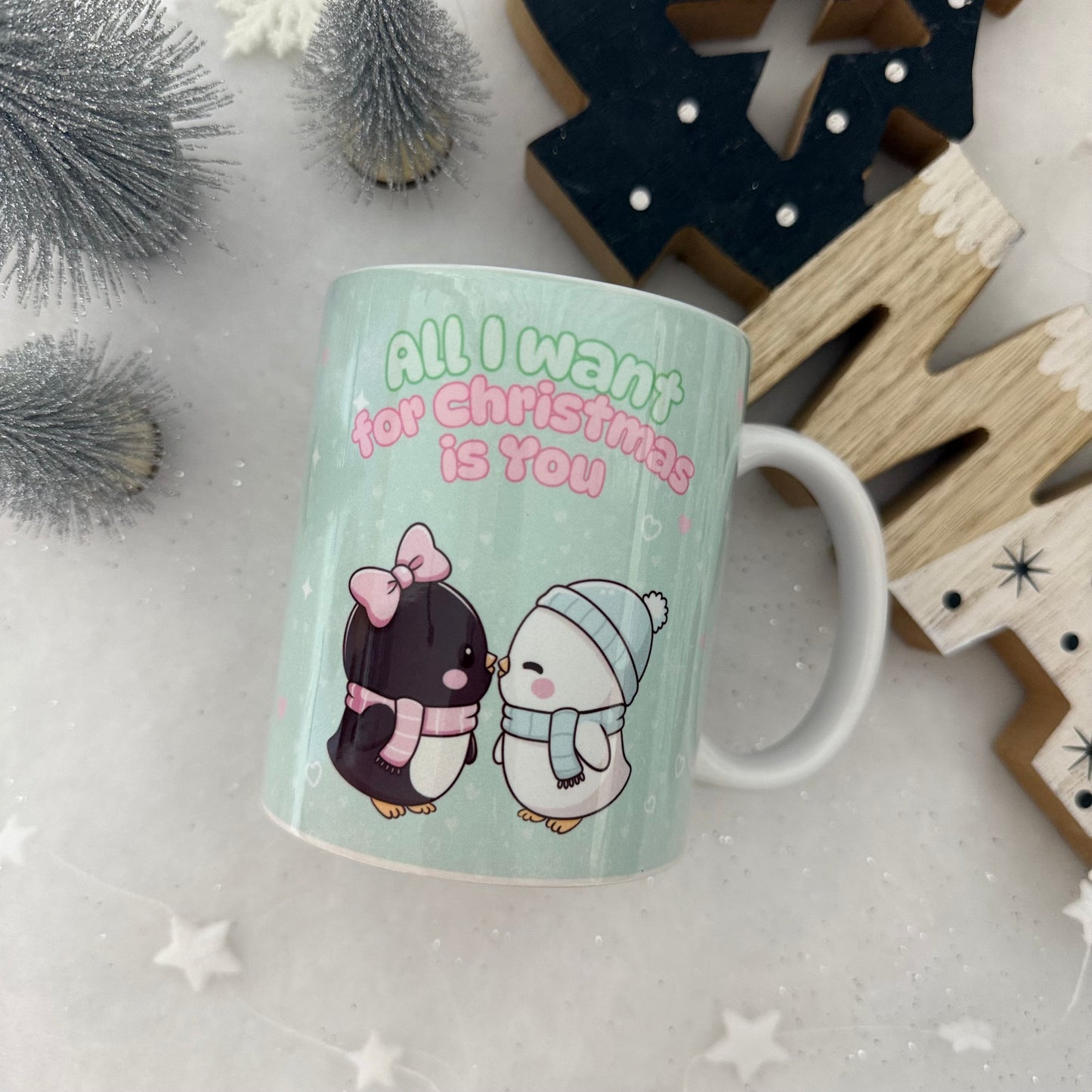 Pinguin Weihnachtstasse | "All I Want for Christmas is You" Becher | Weihnachtsgeschenk für Ihn/Sie | Süße Pinguin Tasse