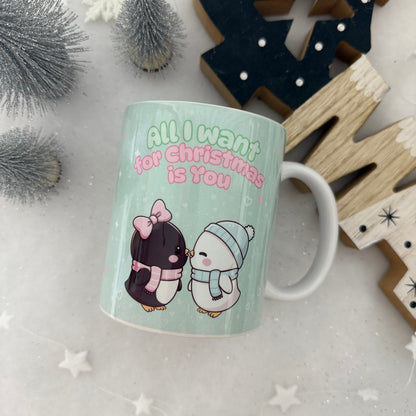 Pinguin Weihnachtstasse | "All I Want for Christmas is You" Becher | Weihnachtsgeschenk für Ihn/Sie | Süße Pinguin Tasse