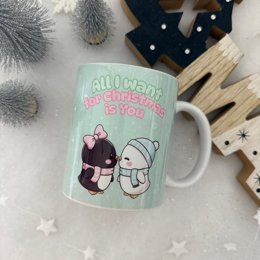 Pinguin Weihnachtstasse | "All I Want for Christmas is You" Becher | Weihnachtsgeschenk für Ihn/Sie | Süße Pinguin Tasse